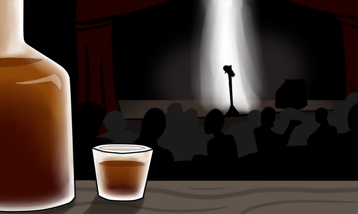 image of illuminated bar with a shot glass and tall bottle, to the right is a stage with a microphone in a spot light
