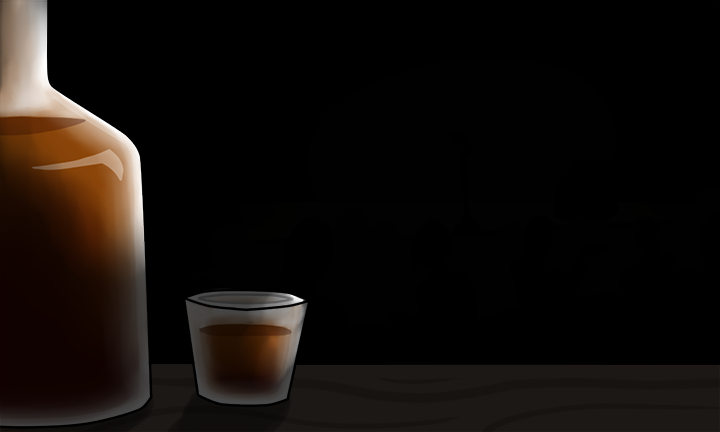 image of a bar counter with a shot glass and tall bottle in a dark room