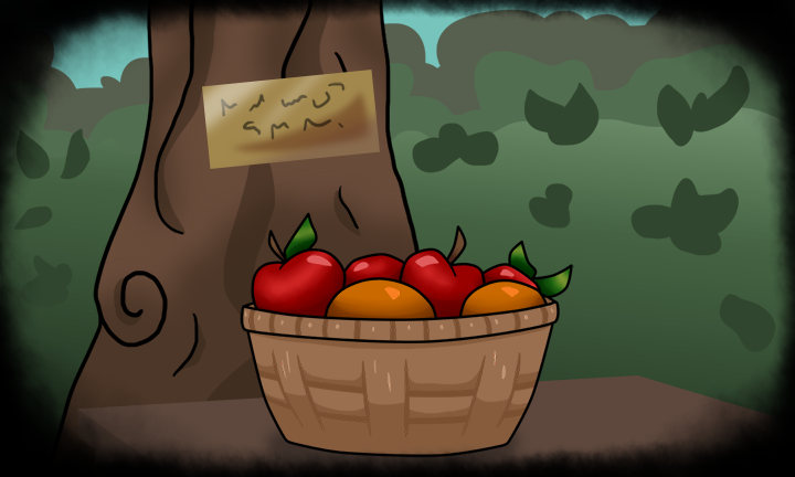 image of woven basket of apples and oranges in front of a tree with a wooden sign