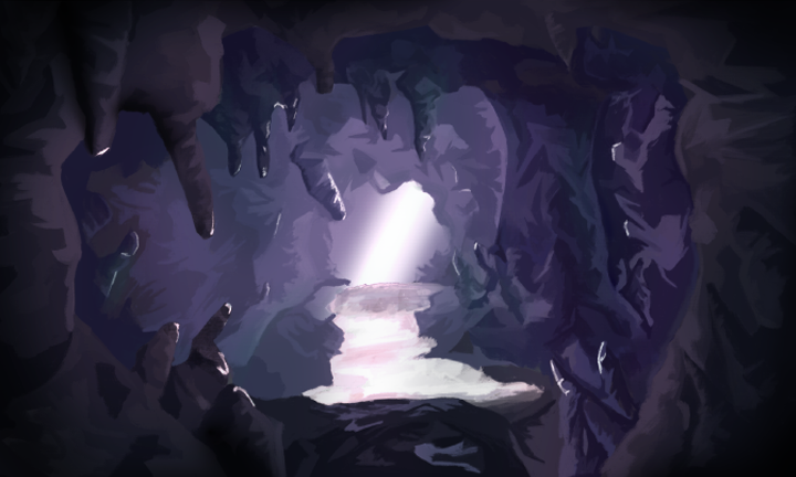 image of dark undergound cavern with a single beam of light in the distance